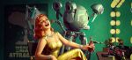  1girl 1other bracelet cola dressing_room drink fallout_(series) fallout_76 gold_dress highres holding holding_drink indoors jewelry looking_at_viewer makeup_brush medium_hair mirror mister_handy_(fallout) necklace nuka_cola official_art open_mouth orange_hair poster_(object) robot sitting teeth 