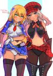  1girl alisa_ilinichina_amiella black_panties blazblue blazblue:_chronophantasma blonde_hair blue_eyes breasts clothes_lift fingerless_gloves gloves god_eater green_eyes hat highres lifted_by_self long_hair medium_breasts navel noel_vermillion panties pleated_skirt r123 skirt skirt_lift small_breasts thighhighs underwear white_panties 