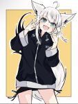  1girl :d animal_ears black_jacket double_fox_shadow_puppet extra_ears fang fox_ears fox_girl fox_shadow_puppet fox_tail highres hololive jacket long_sleeves looking_at_viewer nakama_kun no_pants open_mouth shirakami_fubuki shirakami_fubuki_(7th_costume) short_hair skin_fang smile tail virtual_youtuber white_hair 