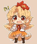  1girl animal animal_on_head bird bird_on_head blonde_hair bloomers blush boots border brown_footwear chick dress full_body holding holding_whistle knee_boots long_sleeves multicolored_hair niwatari_kutaka on_head open_mouth orange_dress pointing pointing_at_viewer red_eyes red_hair shirt short_hair solo touhou two-tone_hair uisu_(noguchipint) underwear whistle white_bloomers white_shirt 