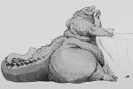  ambiguous_gender anthro belly big_belly big_butt bowl butt claws container crocodilian eyes_closed fat_rolls food furniture greyscale love_handles monochrome nude obese obese_ambiguous obese_anthro open_mouth open_smile overweight overweight_ambiguous overweight_anthro pearybear reptile scales scalie sitting smile solo table tail tail_ridge thick_tail thick_thighs toe_claws wide_hips 