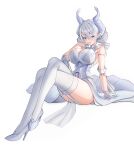  1girl absurdres b_grade blue_eyes breasts cleavage demon_girl demon_horns duel_monster finger_to_mouth highres horns korean_commentary large_breasts leotard leotard_under_clothes lips lovely_labrynth_of_the_silver_castle parted_lips pointy_ears sitting smile solo white_background yu-gi-oh! 