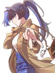  1girl bag blue_eyes blue_hair blue_nails blue_pants blunt_bangs boros_(ouro_kronii) breasts brmameng brown_coat coat colored_inner_hair denim from_side hair_intakes handbag high-waist_pants high_ponytail highres holding holding_bag hololive hololive_english jeans jewelry long_hair long_sleeves looking_at_viewer multicolored_hair nail_polish official_alternate_costume open_clothes open_coat ouro_kronii ouro_kronii_(3rd_costume) pants ponytail shirt simple_background trench_coat two-tone_hair v virtual_youtuber white_background white_shirt 