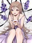  1girl :d absurdres brown_hair collarbone cup dress feet_out_of_frame flower hana_(h6n6_matsu) highres holding holding_cup long_hair looking_at_viewer open_mouth original purple_dress purple_eyes purple_flower sitting sleeveless sleeveless_dress smile solo sundress tea teacup very_long_hair 