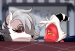  anthro canid canid_demon demon duo female fur grey_hair hair hellhound helluva_boss hi_res horn humanoid imp loona_(helluva_boss) male mammal moxxie_(helluva_boss) red_body red_eyes red_skin staring_contest thedarkzircon white_body white_fur white_hair yellow_eyes 