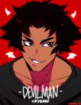  black_hair black_skirt devilman devilman_crybaby fudou_akira male_focus red_background skirt smile 