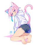  1boy animal_ear_fluff animal_ears artist_logo artist_name barefoot black_shorts blue_eyes cat_ears cat_girl cat_tail chromatic_aberration dolphin_shorts feet from_behind full_body highres hood hood_down hoodie kneeling legs looking_at_viewer looking_back male_focus original otoko_no_ko parted_bangs pink_eyes pink_hair pink_tail raito-kun_(uenomigi) shadow short_hair_with_long_locks short_shorts shorts sidelocks simple_background soles solo tail toes two-tone_eyes uenomigi white_background white_hoodie 