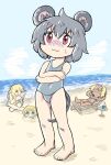  4girls alice_margatroid animal_ears barefoot beach beach_chair bikini blonde_hair blue_sky braid buried closed_mouth cloud commentary_request cookie_(touhou) crossed_arms day drddrddo flat_chest full_body grey_hair grey_one-piece_swimsuit hair_between_eyes holding horizon ichigo_(cookie) joker_(cookie) kirisame_marisa long_bangs mizuhashi_parsee mouse_ears mouse_girl mouse_tail multiple_girls nazrin nyon_(cookie) ocean one-piece_swimsuit open_mouth outdoors pink_bikini red_eyes short_hair side_braid single_braid sitting sky smile solo_focus standing sunglasses suzu_(cookie) sweatdrop swimsuit tail tan touhou trowel water 