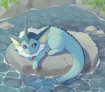  animal_focus artist_name blue_eyes blue_skin colored_skin commentary_request fins forked_tail head_fins highres ibusaki_(ivu) no_humans pokemon pokemon_(creature) rock sitting solo tail vaporeon water 