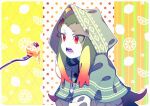  1girl absurdres ahoge cake capelet colored_skin feeding food fork fruit_background gradient_hair green_hair highres hood hooded_capelet kupala_(sekaiju) long_hair multicolored_hair open_mouth orange_hair red_eyes rgbjt sekaiju_no_meikyuu shin_sekaiju_no_meikyuu solo upper_body white_skin 