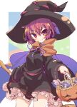  1girl basket black_dress black_headwear broom candy cloak closed_mouth cowboy_shot dress food halloween halloween_costume hat holding holding_basket holding_broom isu_(is88) jack-o&#039;-lantern lollipop long_sleeves looking_at_viewer red_eyes red_hair sekibanki short_hair smile solo standing touhou witch witch_hat 
