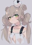  1girl bare_shoulders blush breasts c_civciv choker cleavage cleavage_cutout clothing_cutout collarbone double_bun dress eucharist_(girls&#039;_frontline_nc) girls&#039;_frontline girls&#039;_frontline_neural_cloud green_eyes grey_background hair_bun hat highres light_brown_hair long_hair looking_at_viewer mini_hat simple_background small_breasts smile solo twintails upper_body white_dress 