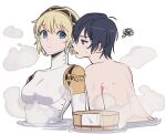  1boy 1girl aegis_(persona) android black_hairband blonde_hair blue_eyes blue_hair blush closed_mouth elulit2 gold_trim hairband looking_at_another nude onsen partially_submerged persona persona_3 profile short_hair squiggle water wet wet_hair yuuki_makoto 