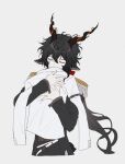  1boy animal_ears arknights black_hair black_jacket black_pants closed_eyes covered_mouth ebenholz_(arknights) epaulettes grey_background hair_between_eyes horns jacket long_hair long_sleeves male_focus pants rio_(rio773) simple_background solo very_long_hair white_jacket 