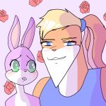  2023 accessory anthro big_eyes blonde_hair blue_clothing blue_eyes blue_shirt blue_t-shirt blue_topwear blush bugs_bunny clothed clothing duo female flower fur gakuen_handsome girly green_eyes grey_body grey_fur hair hair_accessory hi_res humor icon lagomorph larger_female leporid lola_bunny long_ears looking_at_another looking_at_viewer looney_tunes male male/female mammal meme multicolored_body multicolored_fur orange_body orange_fur pink_background plant rabbit renita_reed romantic rose_(flower) shirt short_hair silly silly_face simple_background size_difference smaller_male smile standing t-shirt teeth topless topwear two_tone_body two_tone_fur warner_brothers 