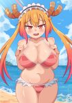  1girl absurdres artist_logo artist_name beach bikini bluefrok blush breasts cleavage dragon_girl dragon_horns fang gradient_hair hair_between_eyes highres horns kobayashi-san_chi_no_maidragon large_breasts long_hair looking_at_viewer maid_headdress multicolored_hair navel ocean open_mouth orange_eyes orange_hair outdoors pink_hair red_bikini shiny_skin slit_pupils smile solo stomach striped striped_bikini swimsuit thighs tohru_(maidragon) very_long_hair 