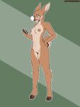  2023 3:4 5_fingers absurd_res anthro black_nose breasts cloven_hooves deer eyewear eyewear_only female fingers freckles full-length_portrait fur genitals glasses glasses_only hand_on_hip hi_res hooves mammal navel nipples nude orange_eyes portrait pussy small_breasts solo standing the_man 