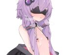  1girl black_blindfold black_collar black_jacket blindfold breath collar collarbone commentary_request cum cum_on_body cum_on_chest flat_chest hair_ornament jacket jacket_partially_removed low_twintails mikozin nipple_clamps nipples parted_lips purple_hair simple_background solo sweat twintails upper_body voiceroid white_background yuzuki_yukari 