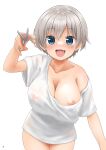  1girl absurdres blue_eyes blush breasts collarbone commission covered_nipples cowboy_shot fang grey_hair hair_between_eyes highres large_breasts leaning_forward looking_at_viewer nao_suke nipple_slip nipples open_mouth oversized_clothes scissors see-through shirt short_hair simple_background single_bare_shoulder skeb_commission smile solo uzaki-chan_wa_asobitai! uzaki_hana white_background white_shirt 