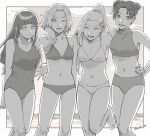  4girls arm_around_waist bikini breasts closed_eyes double_bun greyscale hair_bun hair_ornament hairclip hand_on_own_hip haruno_sakura highres hyuuga_hinata long_hair medium_breasts medium_hair monochrome multiple_girls naruto_(series) naruto_shippuuden navel nrt_os_(artist) one-piece_swimsuit one_eye_closed open_mouth ponytail small_breasts smile standing standing_on_one_leg swimsuit tenten_(naruto) twitter_username yamanaka_ino 