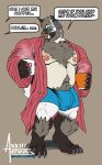  4_toes 5_fingers aereous aerrow anthro bear beard belly beverage black_body black_fur black_sclera blue_boxer_briefs blue_clothing blue_underwear body_hair boxer_briefs boxers_(clothing) canid canine canis chest_hair claws clothed clothing coffee coffee_cup container cup dialogue dialogue_outside_panel digital_drawing_(artwork) digital_media_(artwork) digital_painting_(artwork) ear_piercing facial_hair facial_piercing feet fingers fur green_eyes grey_hair hair hi_res horn hybrid looking_at_another male mammal multicolored_body multicolored_fur musclegut muscular muscular_anthro muscular_male mustache navel nipple_piercing nipples nose_piercing notched_ear open_mouth partially_clothed pawpads piercing pink_nipples pubes robe shadow simple_background solo speech_bubble standing tail text toes tongue tusks two_tone_body two_tone_fur underwear ursine white_body white_hair wolf 