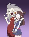  arm_around_shoulder atsuko_kagari breasts clothing crossover disney duo ear_piercing ear_ring eda_clawthorne eye_contact female hair hi_res human humanoid humanoid_pointy_ears light_body light_skin little_witch_academia long_hair looking_at_another mammal not_furry open_mouth piercing ring_piercing scottforester17 simple_background studio_trigger teeth the_owl_house wand witch_(the_owl_house) 