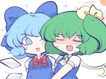  2girls blue_dress blue_eyes blue_hair blush bow chahan_(fried_rice0614) cirno closed_eyes daiyousei dress fairy_wings green_hair hug ice ice_wings multiple_girls red_bow ribbon sun sweat touhou white_background white_sleeves wings yellow_ribbon 