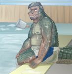 anthro beard belly bulge clothed clothing crocodile crocodilian crocodylid facial_hair green_body green_scales grin growth hair hi_res human human_to_anthro male mammal mid_transformation nipples oldwerewolf partially_submerged poolside reptile scales scalie sitting slightly_chubby slightly_chubby_anthro slightly_chubby_male smile solo species_transformation swimming_pool swimming_trunks swimwear tail_growth tail_growth_in_pants teeth topless torn_clothing transformation water 