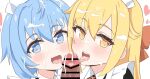  1boy 2girls apron bar_censor black_dress blonde_hair blue_eyes blue_hair censored commentary cooperative_fellatio cropped cum cum_in_mouth cum_on_tongue dress facial fang fellatio frilled_apron frills hair_between_eyes heart heart_in_eye junes kantai_collection licking licking_penis looking_at_viewer maid maid_apron maid_headdress minazuki_(kancolle) multiple_girls open_mouth oral paid_reward_available penis satsuki_(kancolle) simple_background skin_fang symbol_in_eye teeth tongue tongue_out upper_teeth_only white_apron white_background yellow_eyes 