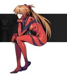 1girl blue_eyes bodysuit breasts closed_mouth commentary_request crossed_legs expressionless full_body hand_on_own_face hand_on_own_knee highres interface_headset invisible_chair long_hair medium_breasts multicolored_bodysuit multicolored_clothes neon_genesis_evangelion orange_hair pilot_suit plugsuit red_bodysuit sesese sitting solo souryuu_asuka_langley 