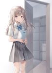  1girl black_skirt blue_bow bookshelf bow brown_eyes brown_hair closed_mouth collared_shirt commentary_request long_hair looking_at_viewer midorikawa_you open_door original pleated_skirt school_uniform shirt short_sleeves skirt smile solo white_shirt 