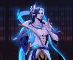  1boy abs aphelios arm_behind_back armband asymmetrical_horns bead_necklace beads blue_eyes crescent_necklace earrings facial_mark facial_tattoo finger_gun highres horns jewelry jjolee league_of_legends long_hair looking_at_viewer magic male_focus multicolored_hair muscular muscular_male necklace pectoral_focus pectorals purple_hair solo spirit_blossom_(league_of_legends) spirit_blossom_aphelios tattoo two-tone_hair white_hair 