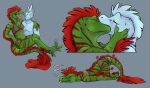  anthro bottomwear claws clothing dinosaur dromaeosaurid duo eyes_closed feathers female green_body green_scales indiwolf kissing loincloth male male/female multiple_images reptile scales scalie tail theropod tranquilizer tribal unconscious uthalla velociraptor 