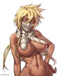  1girl abs arrancar bleach blonde_hair blue_eyes breasts commentary crossed_bangs dark-skinned_female dark_skin english_commentary hand_on_own_hip large_breasts long_hair looking_at_viewer out-of-frame_censoring photoshop_(medium) revealing_clothes solo speh tattoo tier_harribel watermark web_address 