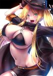  1girl :d akeyama_kitsune arms_up azur_lane bikini black_bikini black_gloves black_headwear black_shorts blonde_hair blush breasts commentary_request commission fingerless_gloves gloves green_eyes hat hornet_(azur_lane) hornet_ii_(azur_lane) large_breasts long_hair long_sleeves navel open_mouth pixiv_commission shorts smile solo stomach swimsuit twintails 
