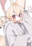  1girl :3 animal animal_ears animal_in_clothes arm_up blonde_hair blush_stickers closed_mouth commentary_request drawstring fennec_fox fox_ears fox_girl fox_tail grey_hoodie hair_between_eyes hood hood_down hoodie long_sleeves looking_at_viewer megateru original puffy_long_sleeves puffy_sleeves red_eyes simple_background sleeves_past_wrists solo star_(symbol) tail white_background 