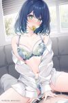  1boy 1girl blinds blue_bra blue_panties bra closed_mouth condom condom_in_mouth condom_wrapper floral_print girl_on_top hetero highres kurokawa_akane looking_at_viewer machi_(7769) mouth_hold navel off_shoulder oshi_no_ko panties shirt solo_focus star-shaped_pupils star_(symbol) stomach straddling symbol-shaped_pupils underwear white_shirt window 
