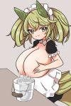  1girl absurdres apron blush breasts breasts_squeezed_together bucket cleavage dragon_girl dragon_horns duel_monster green_horns green_tail green_wings highres horns huge_breasts lactation looking_at_viewer maid maid_apron nipples parlor_dragonmaid smug table wings yu-gi-oh! zubachangg 