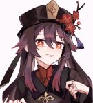  1girl black_headwear brown_coat brown_hair coat flower flower-shaped_pupils genshin_impact hair_between_eyes hat hat_flower hat_tassel hu_tao_(genshin_impact) jewelry long_hair long_sleeves looking_at_viewer multiple_rings orange_eyes parted_lips portrait ring rippajun simple_background solo symbol-shaped_pupils twintails white_background 