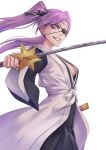  1girl absurdres black_kimono black_ribbon bleach bleach:_the_thousand-year_blood_war breasts eyepatch grin hair_ribbon haori headband highres holding holding_sword holding_weapon japanese_clothes katana kimono long_hair looking_at_viewer medium_breasts purple_eyes purple_hair ribbon saitou_furoufushi sakuya_(liao_kj) sheath shinigami sideboob smile solo sword taichou_haori twintails weapon white_background white_headband wide_sleeves zanpakutou 