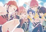  2girls 3boys amemiya_akira asanaka_yomogi asukagawa_chise bangs belt black_hair blue_eyes blue_hair blush brown_hair gauma green_eyes gridman_universe hair_ornament hairclip hood hoodie jacket long_hair long_sleeves looking_at_viewer minami_yume multiple_boys multiple_girls official_art open_mouth pink_hair red_hair scar scar_on_face school_uniform shirt short_hair shorts smile ssss.dynazenon yamanaka_koyomi yellow_eyes 