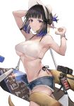  1girl arknights arm_up bare_arms bare_shoulders black_hair blue_eyes breasts camisole commentary_request cowboy_shot cutoffs denim denim_shorts ema_(kuguiema) eunectes_(arknights) hand_up highres large_breasts looking_at_viewer midriff navel pointy_ears short_hair short_shorts shorts simple_background smile snake_tail solo standing stomach tail thighs underboob white_background 