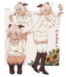  1girl absurdres animal_ears boots breasts brown_footwear dark-skinned_female dark_skin freckles grey_hair highres horns knee_boots large_breasts long_hair long_sleeves one_eye_closed original sheep_ears sheep_girl sheep_horns solo squatting sui_(suizilla) sweater thighhighs white_sweater white_thighhighs 