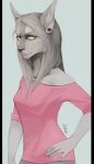  2015 akrolayn anthro black_border blue_background border breasts cheek_tuft clothing digital_media_(artwork) digital_painting_(artwork) ear_piercing facial_tuft felid feline female fur grey_body grey_fur grey_sclera hair half_body inner_ear_fluff mammal piercing pink_clothing shoulderless signature simple_background solo straight_hair tan_hair three-quarter_view tuft yellow_eyes 