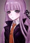  1girl black_jacket black_ribbon collared_shirt danganronpa:_trigger_happy_havoc danganronpa_(series) gradient_background grey_background hair_ribbon highres jacket kirigiri_kyoko long_hair necktie open_clothes open_jacket orange_necktie pink_eyes pink_hair ribbon shirt simple_background solo upper_body white_shirt yuna_(uxxuvu) 