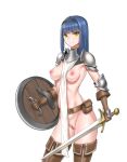 1girl armor belt blue_hair boots breasts hairband highres holding holding_shield holding_sword holding_weapon knight looking_at_viewer medium_breasts medium_hair naked_armor original pelvic_curtain pussy revealing_clothes shield shoulder_pads smile standing sword thigh_boots uncensored vvv_(vvv98048917) weapon white_background yellow_eyes 