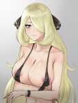  1girl areola_slip bare_shoulders bead_bracelet beads bikini black_bikini black_nails blonde_hair bracelet breasts closed_mouth collarbone commentary covered_nipples cynthia_(pokemon) fur_collar grey_eyes hair_ornament hair_over_one_eye highres jewelry large_breasts long_hair micro_bikini pokemon pokemon_(game) pokemon_dppt smile solo swimsuit taiyo_(foxtaiyo) upper_body 