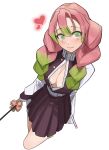  absurdres blush breasts cleavage cleavage_cutout clothing_cutout green_eyes highres holding holding_sword holding_weapon kimetsu_no_yaiba lewdrawings mole mole_under_eye pink_hair skirt sword thighs uniform weapon 