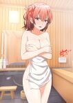  1girl bathroom breasts collarbone covering covering_breasts cowboy_shot dated hair_bun indoors large_breasts looking_at_viewer medium_hair mirror naked_towel open_mouth red_eyes red_hair sakayaya signature single_hair_bun single_side_bun solo towel yahari_ore_no_seishun_lovecome_wa_machigatteiru. yuigahama_yui 