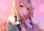  1girl :o bare_shoulders blonde_hair blush breasts chest_jewel cleavage dress edamameoka gloves headpiece highres jewelry large_breasts long_hair looking_at_viewer mythra_(xenoblade) open_mouth parted_lips solo swept_bangs tiara upper_body very_long_hair xenoblade_chronicles_(series) xenoblade_chronicles_2 yellow_eyes 